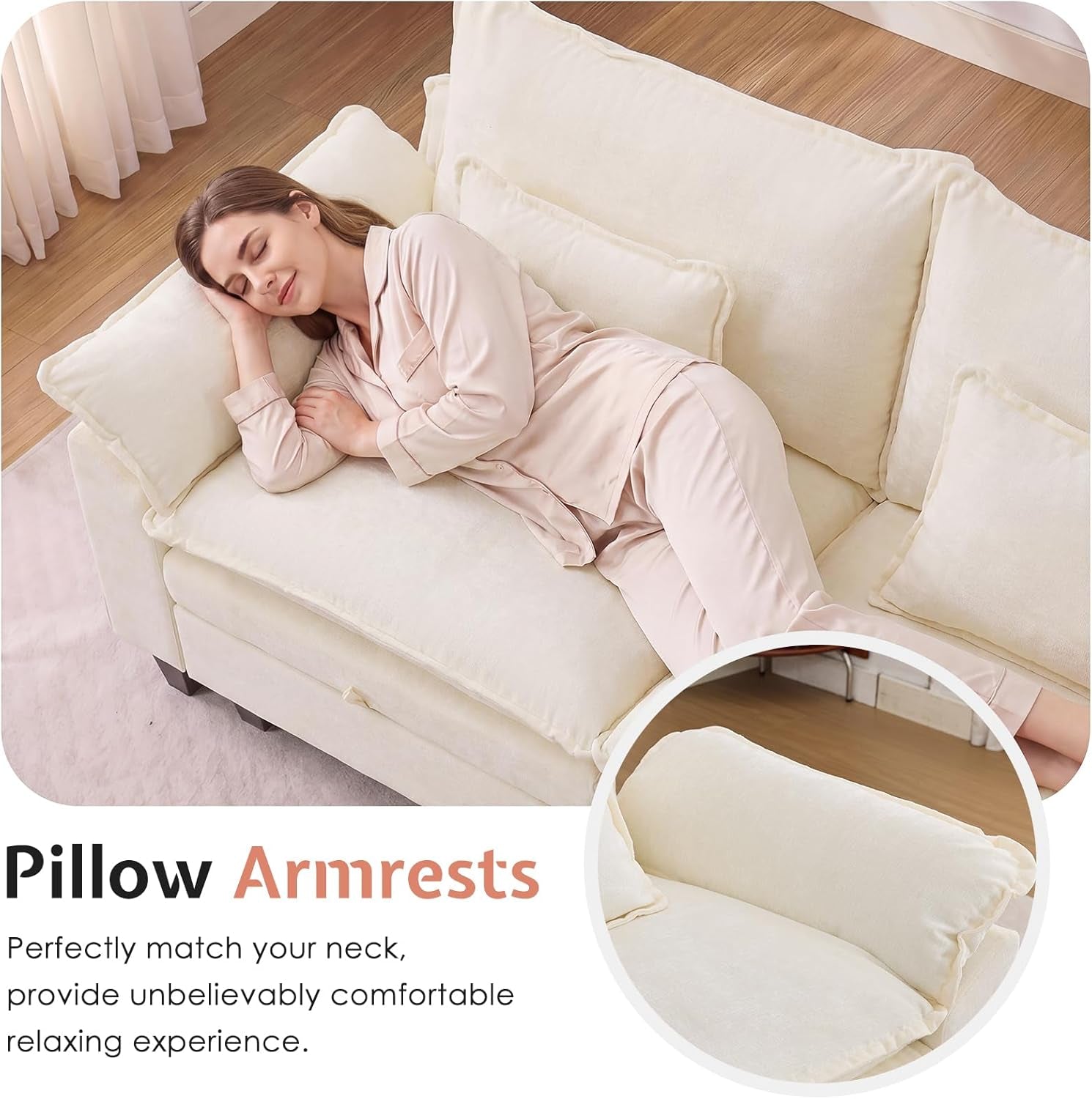 Woman reclining on a cream sofa using a padded pillow-style armrest, close-up of soft cushions.