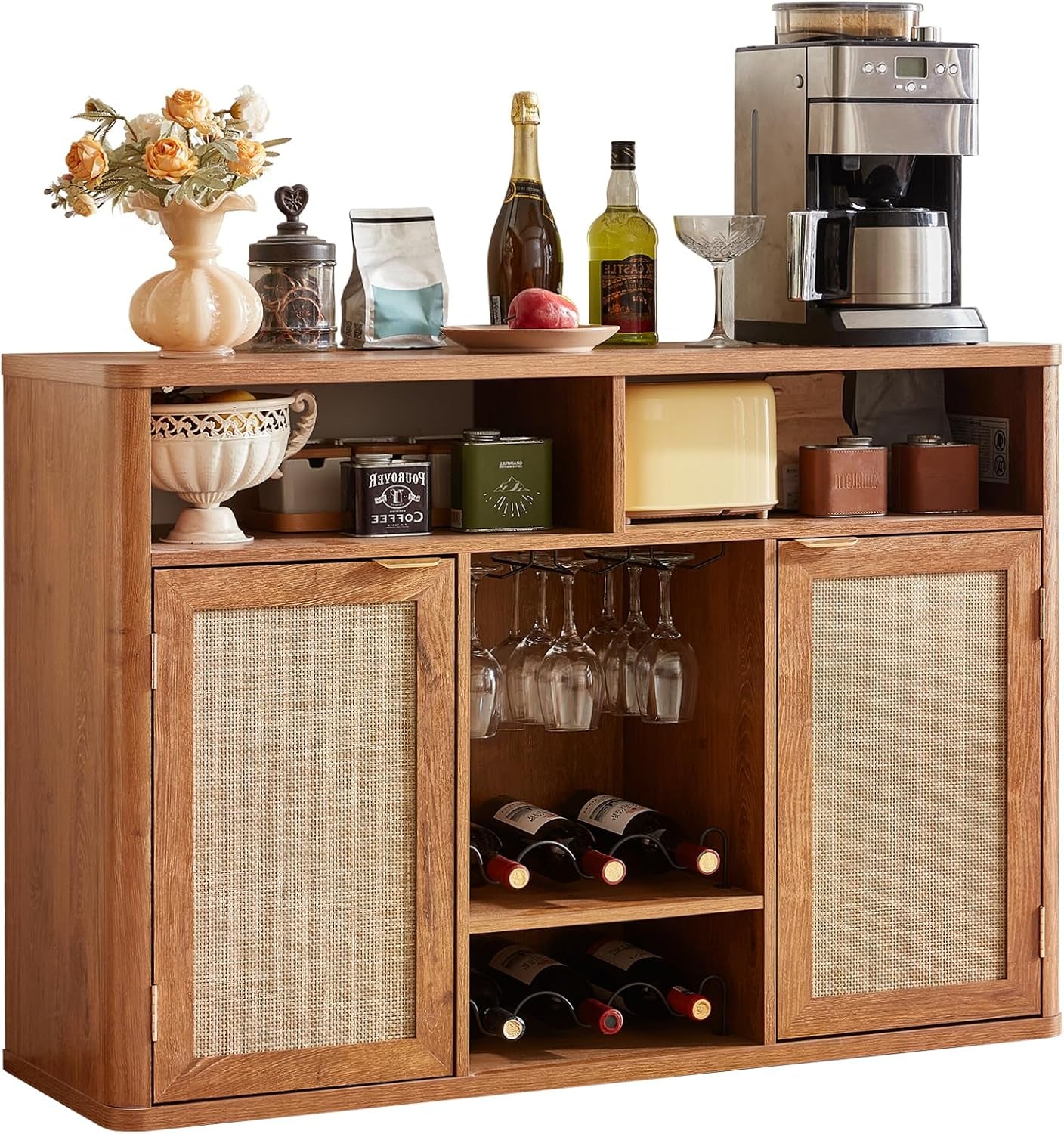 Tea-brown rattan wine bar cabinet front view with rattan mesh doors, central wine racks and hanging glass holder