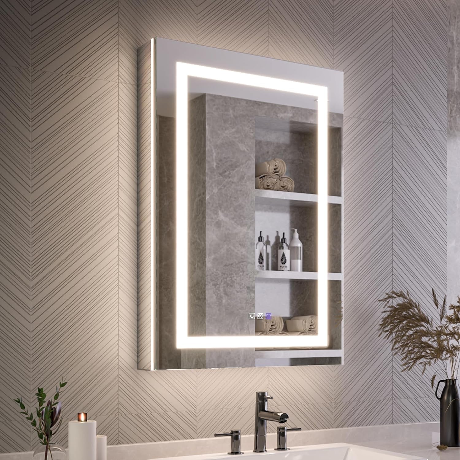 Angled view of a single mirrored door showing the LED frame and slim side profile against chevron wallpaper.