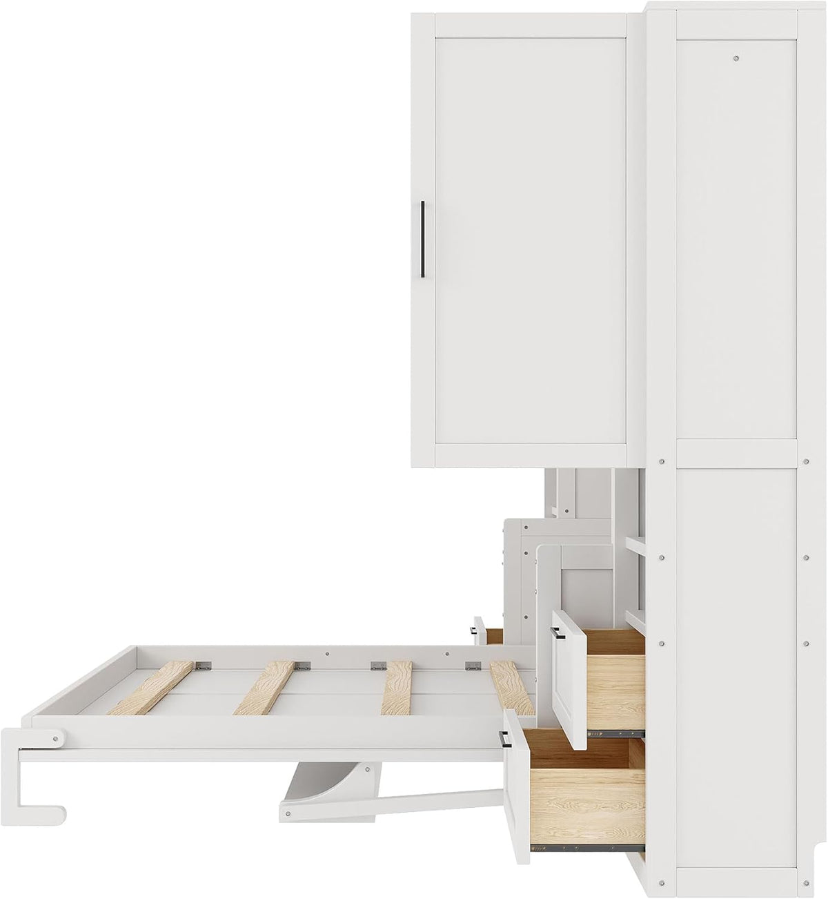 Side view of white bed frame extended with two drawers open showing light wood interiors.