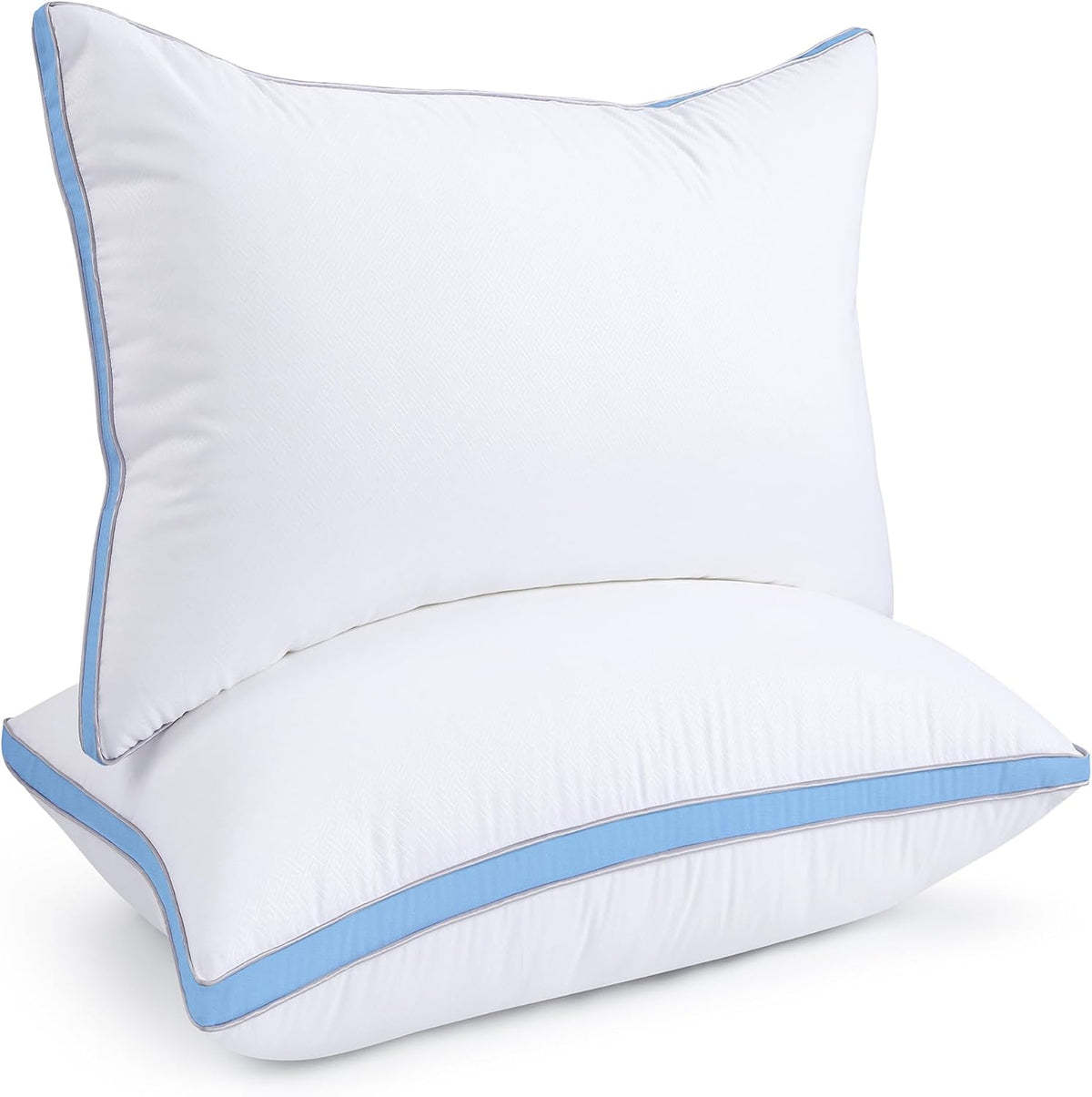 Close-up of two white pillows with a light sky-blue band and thin gray piping around the perimeter.