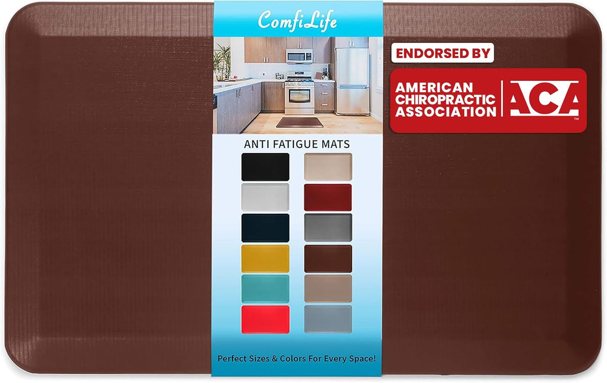 Dark brown anti-fatigue mat laid flat with a center label showing multiple color swatches and an ACA endorsement badge