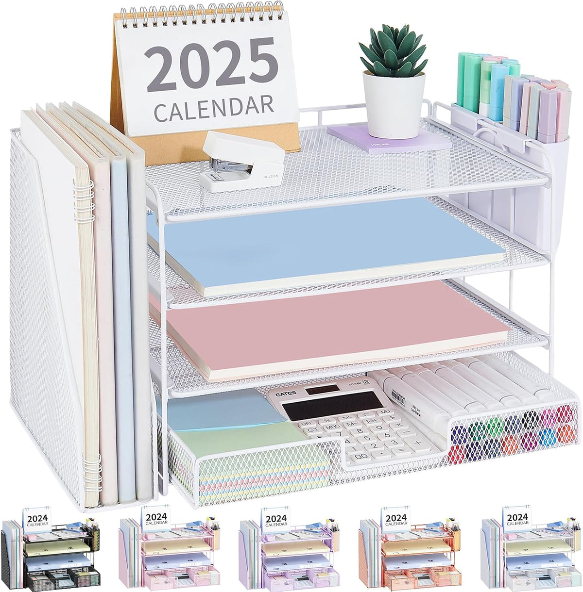 White metal 4-tier desk organizer shown stocked with notebooks, calculator and pens
