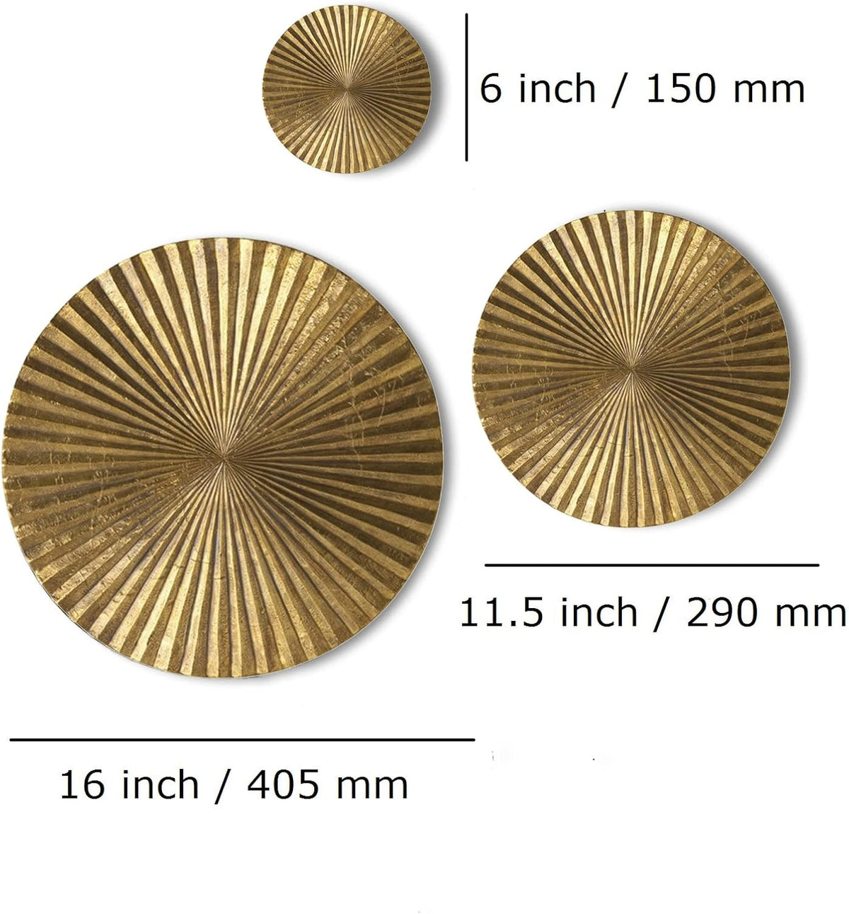 Close-up view of three gold sunburst circles with measurement labels showing 16 in, 11.5 in, and 6 in on a white background