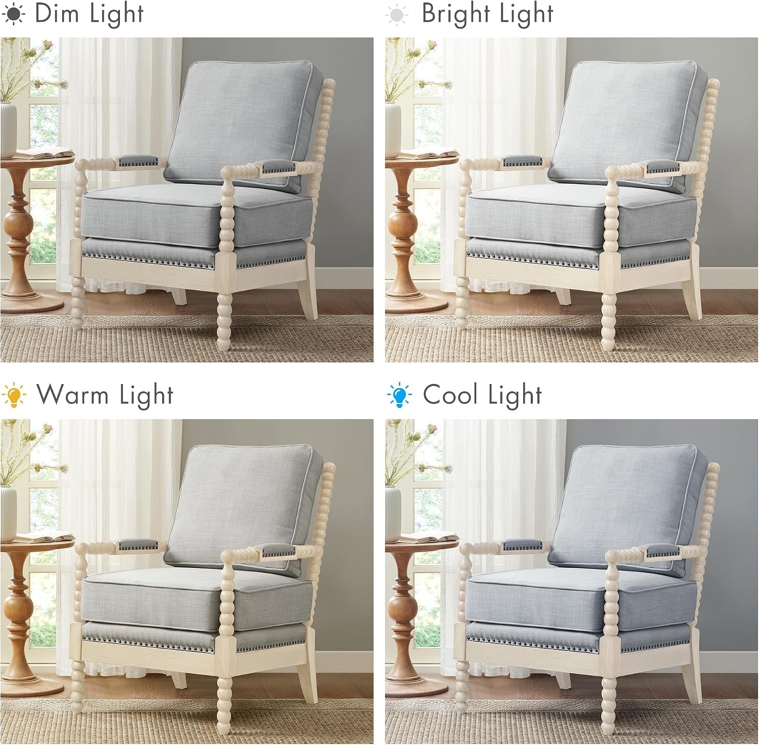 Four lighting variations of the light blue bobbin-frame accent chair showing color perception in different light