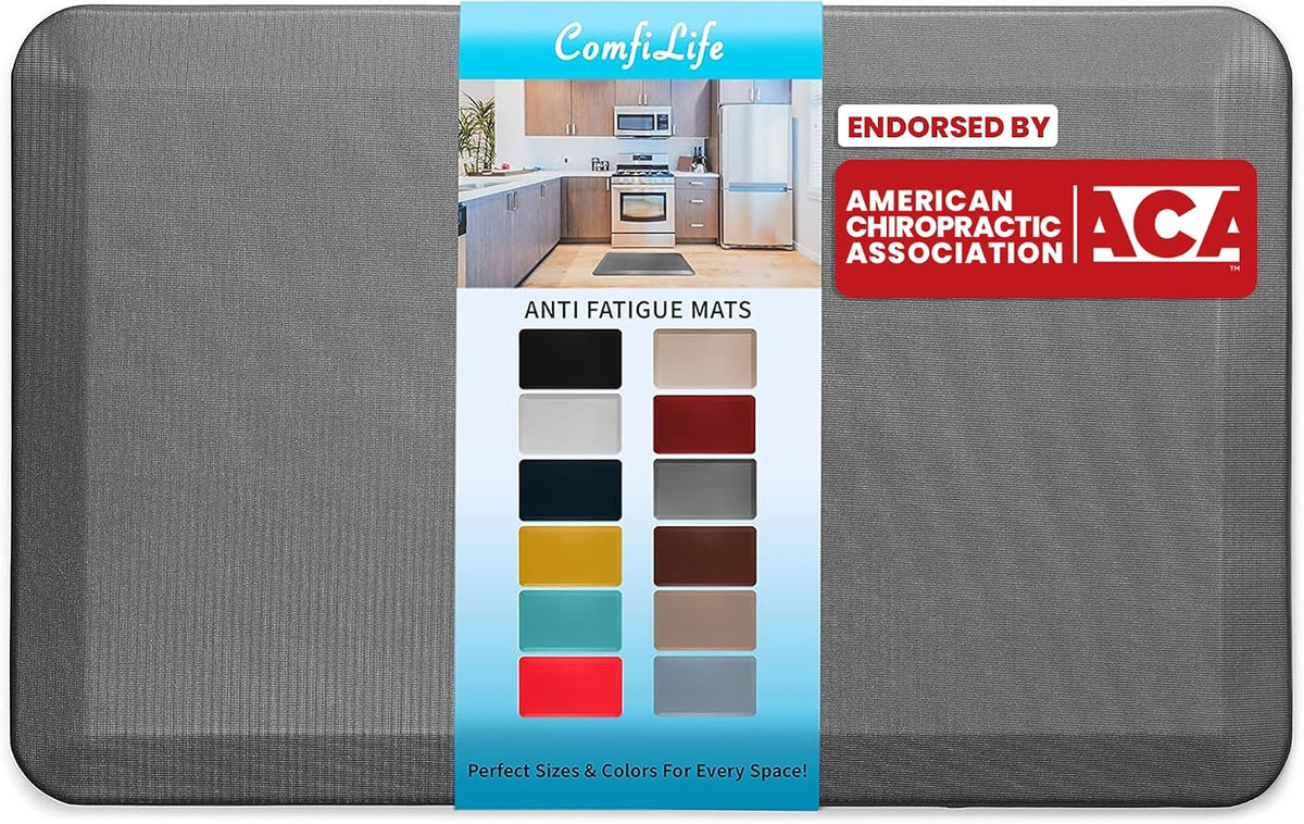 Gray rectangular anti-fatigue mat with centered label strip displaying color samples and endorsement logo
