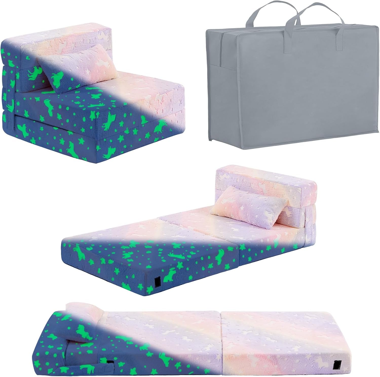 Pastel gradient plush sofa and unfolded mattress with glow-in-the-dark stars, accompanied by a gray carrying bag