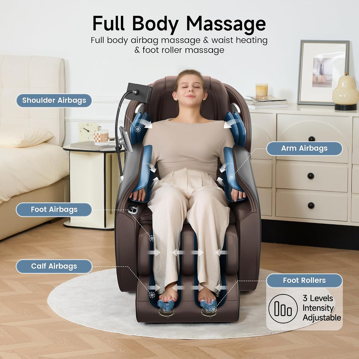 Front-facing view of chair showing shoulder, arm, calf and foot airbags plus visible foot rollers and leg channels