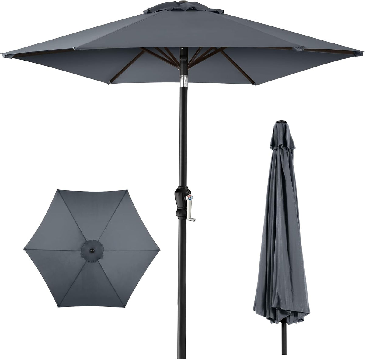 Front view of a charcoal gray 10 ft market umbrella open, with visible ribs, pole, crank handle and a closed umbrella to the
