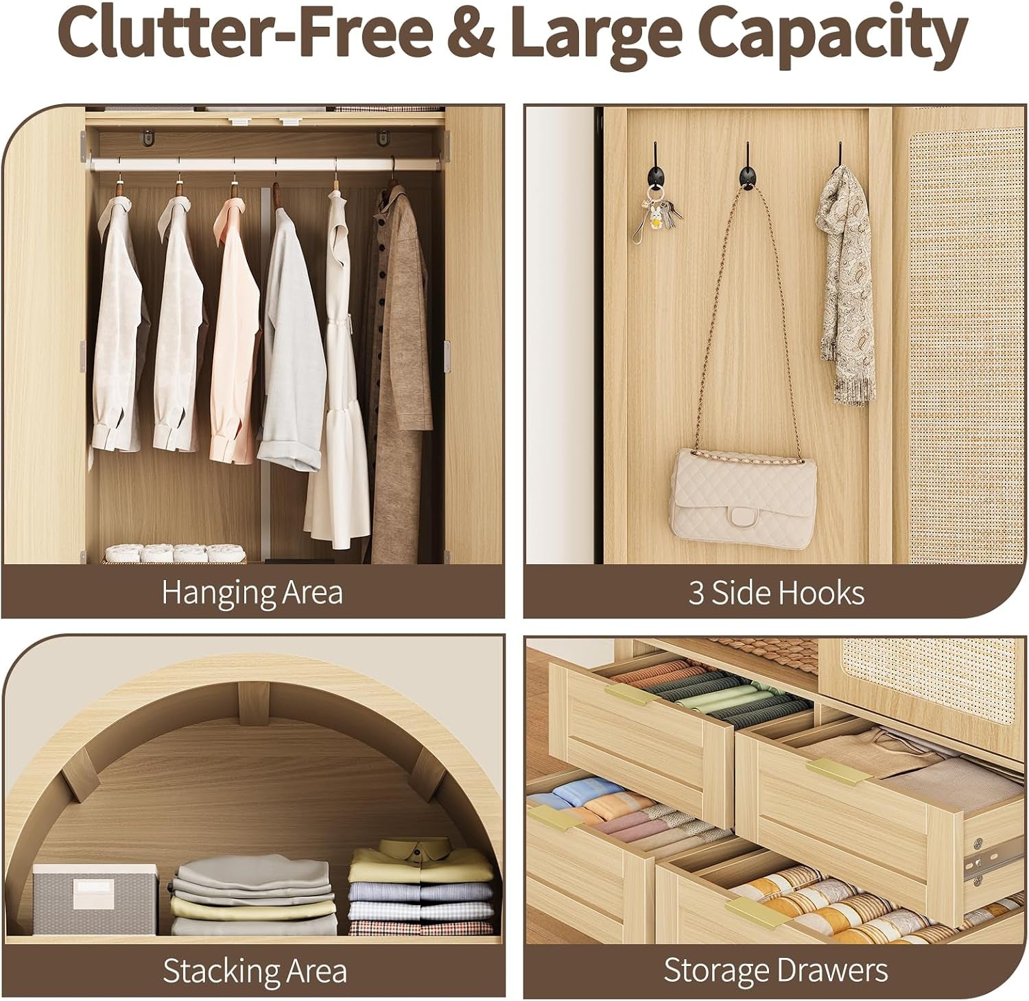 Four-panel closeup collage showing hanging area, three side hooks, arched stacking shelf and storage drawers in natural wood