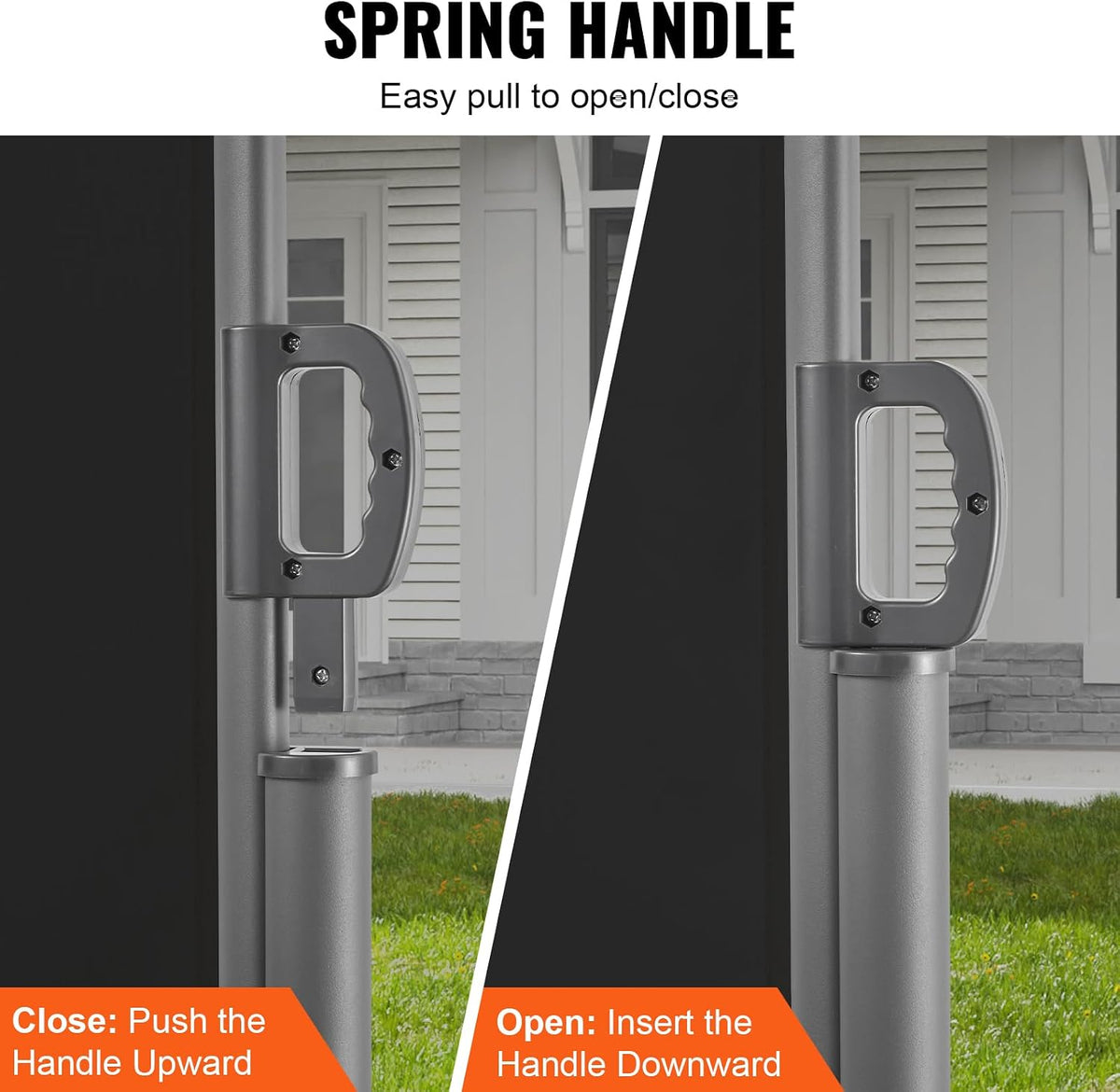 Close-up view of the spring-action handle on the awning pole showing open and closed positions