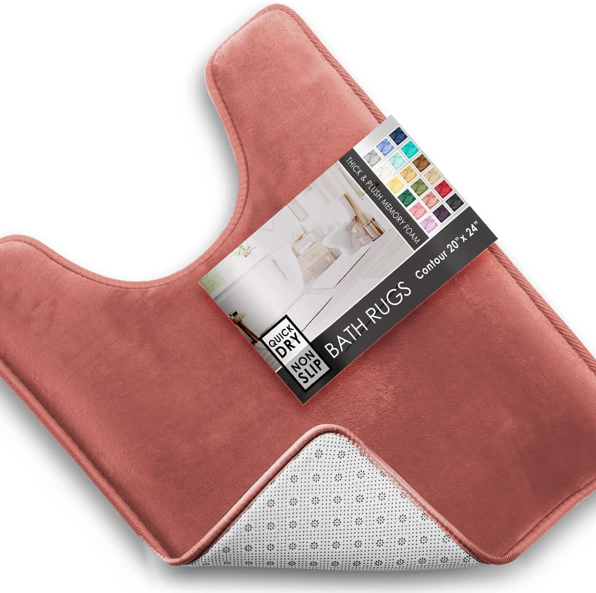 Top-down view of a dusty-rose U-shaped contour mat showing plush pile, piped edge and a corner flipped to expose the dotted