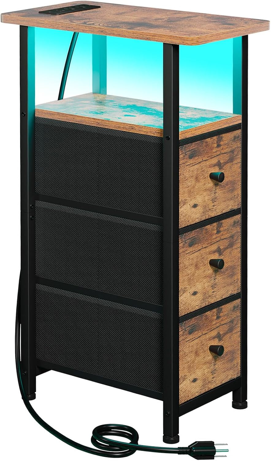 Angled view of wood-effect narrow table showing three drawers and wood top