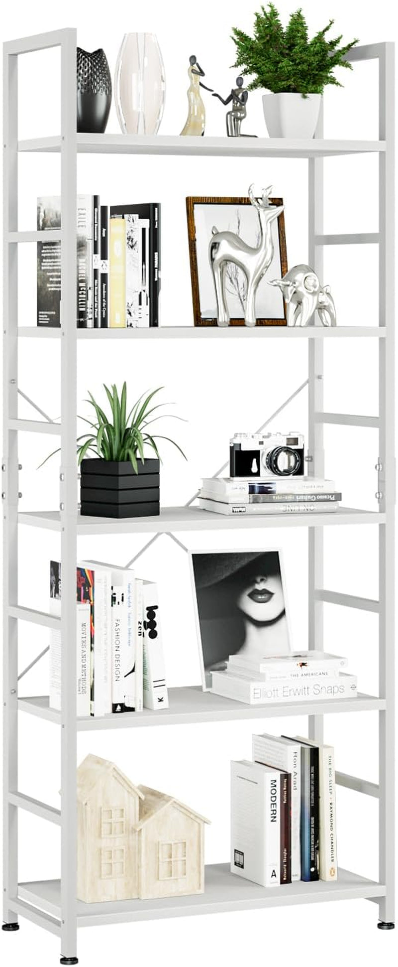 White-framed five-tier bookshelf with white shelves arranged with books, framed art and small decor items.