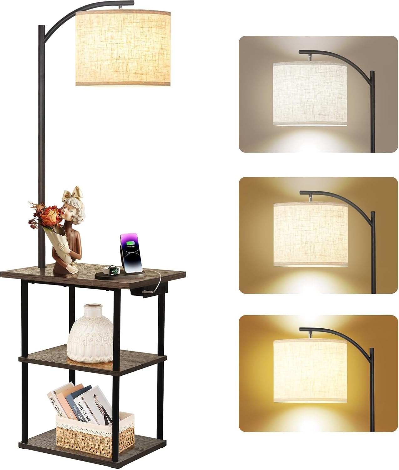 Three-tier side table with a tall arched floor lamp and fabric drum shade; vase, figurine and phone on top shelf.