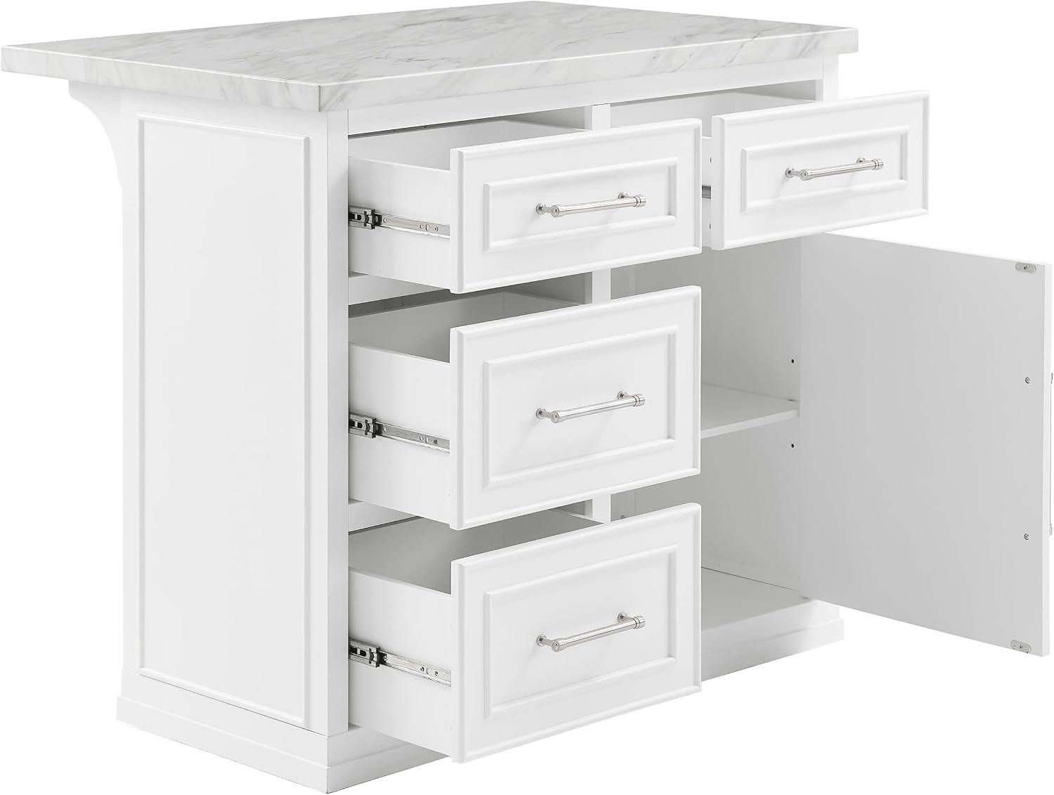 Side-angle view of the island with three drawers and the cabinet door open, showing drawer glides.
