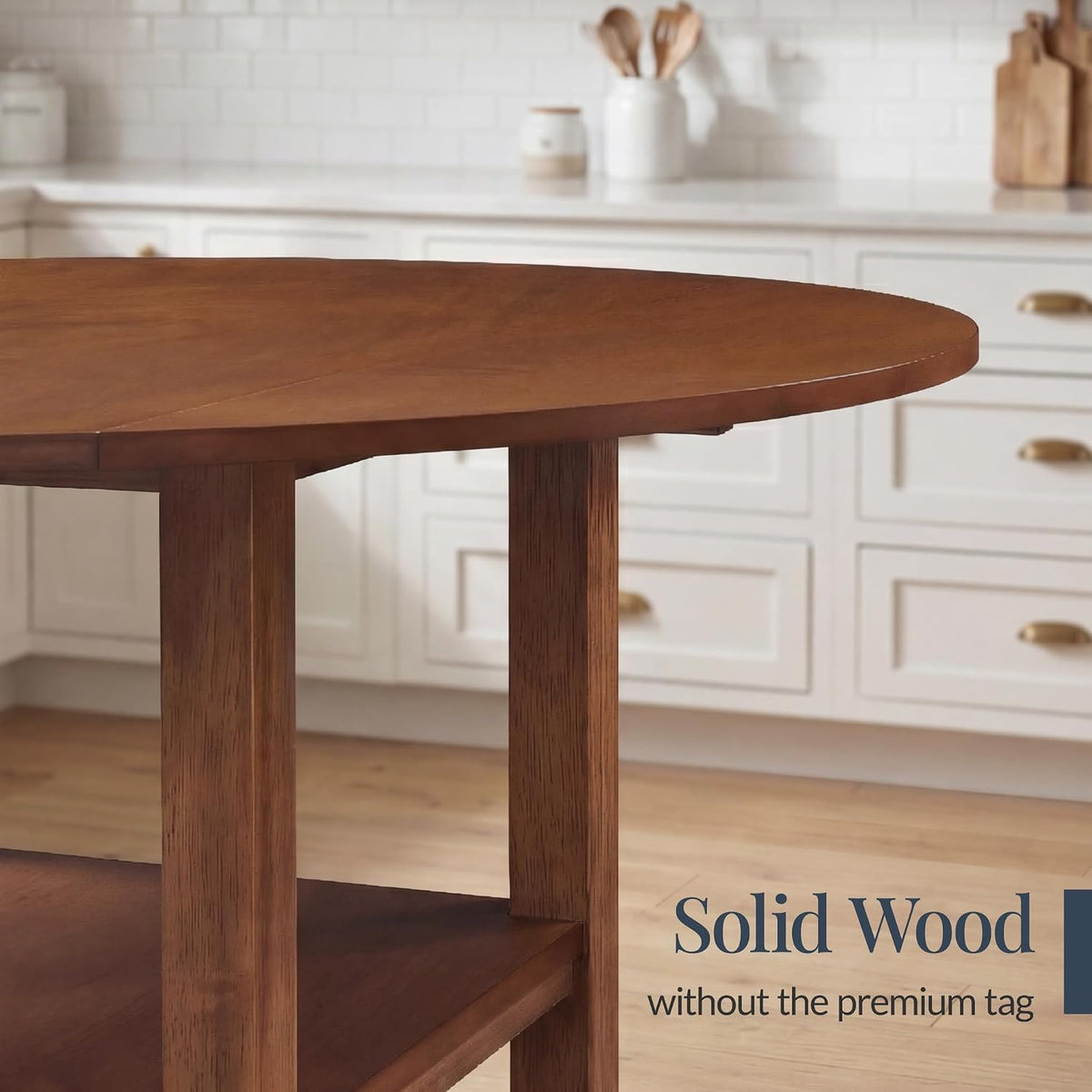 Close-up of the chestnut tabletop edge, legs, and lower storage shelf