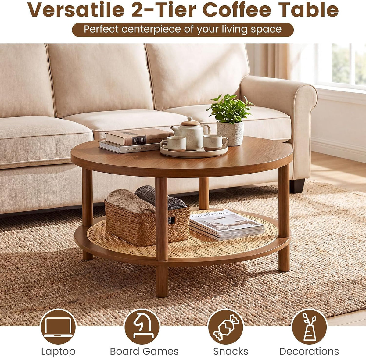 Brown round rattan coffee table centered in living room with vase on top and woven shelf below