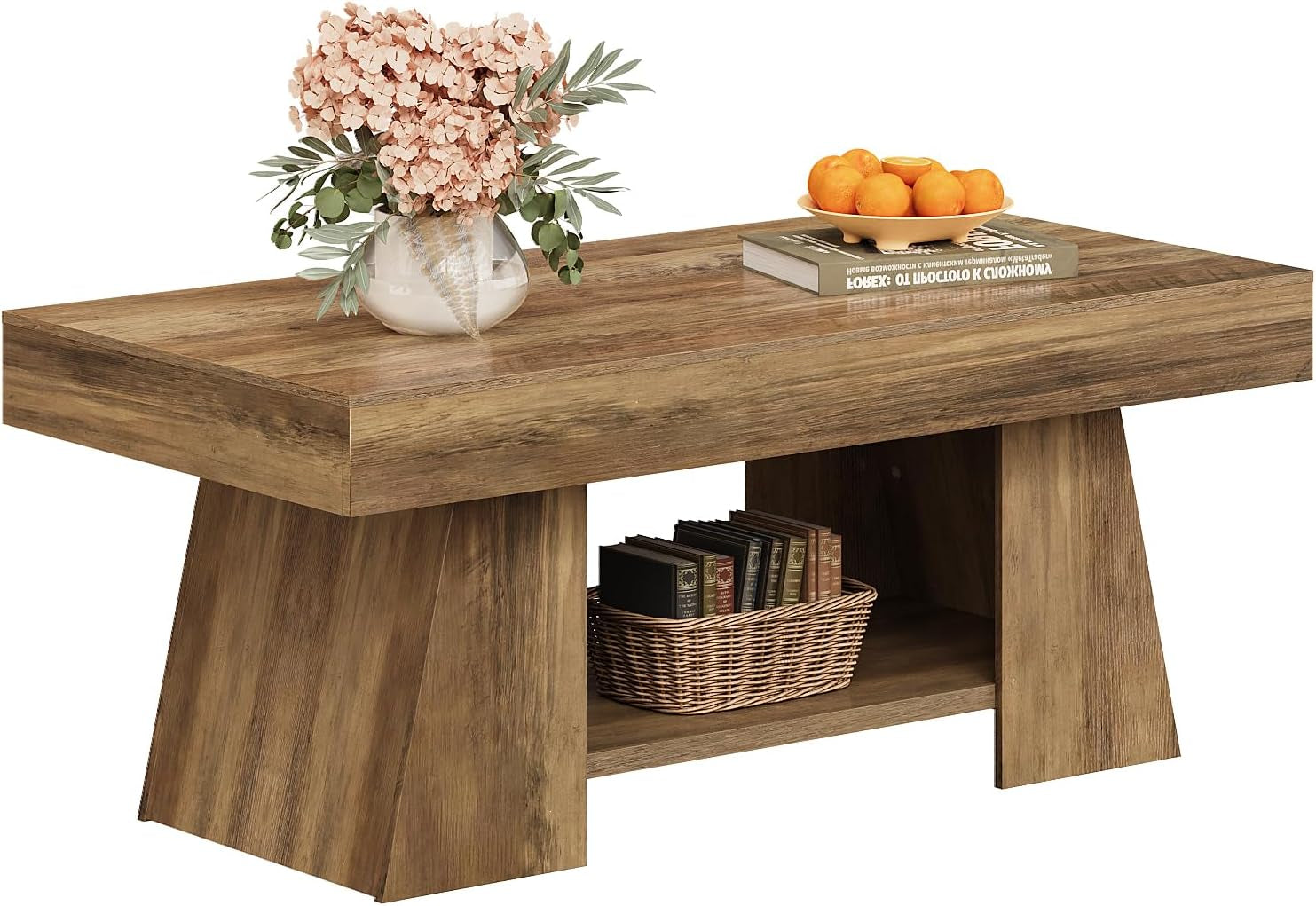 Rectangular wood-look coffee table in retro brown with a lower open shelf, shown at an angle.
