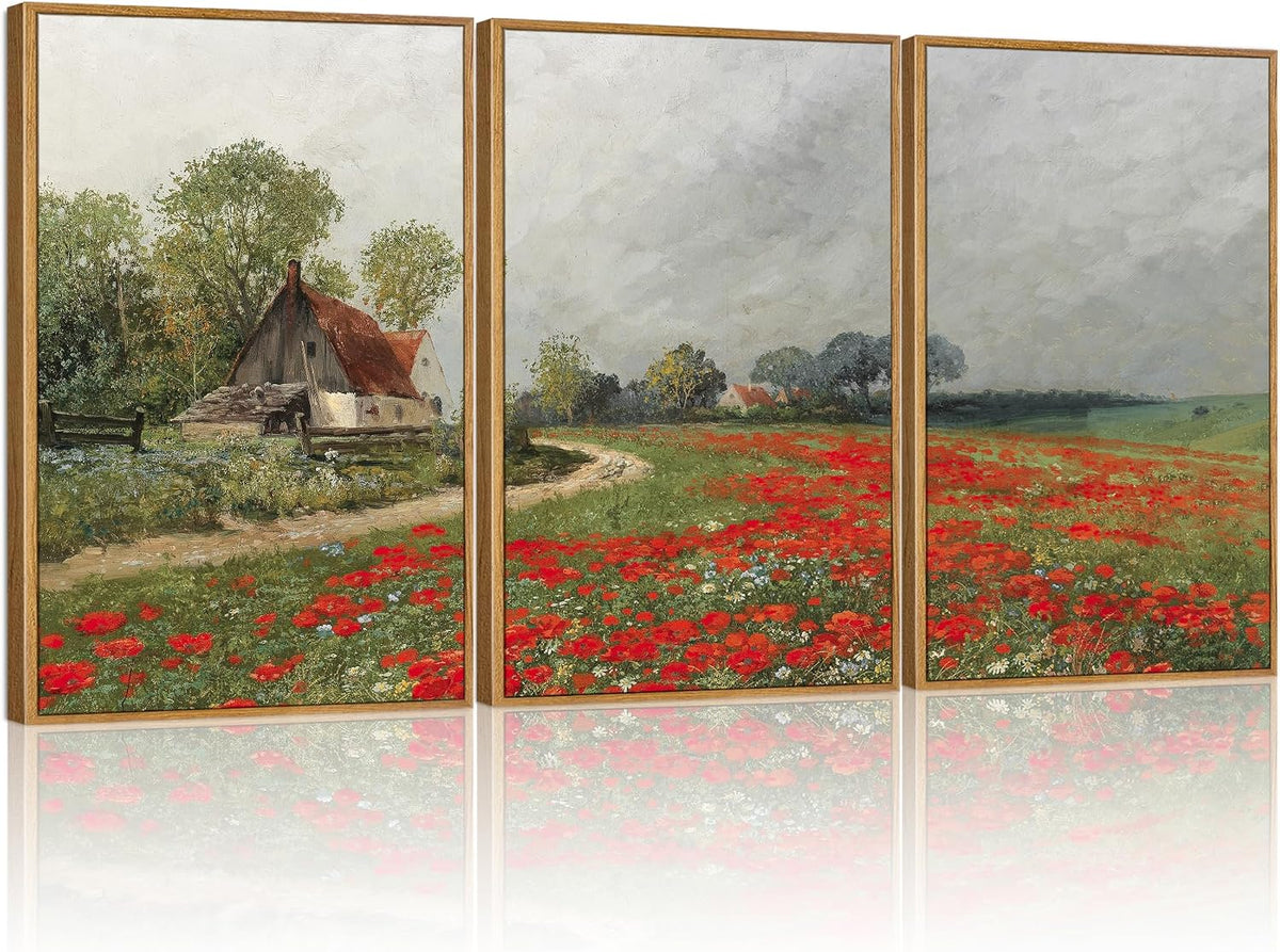 Three-panel framed landscape print showing a country path and a red poppy field in wooden frames.