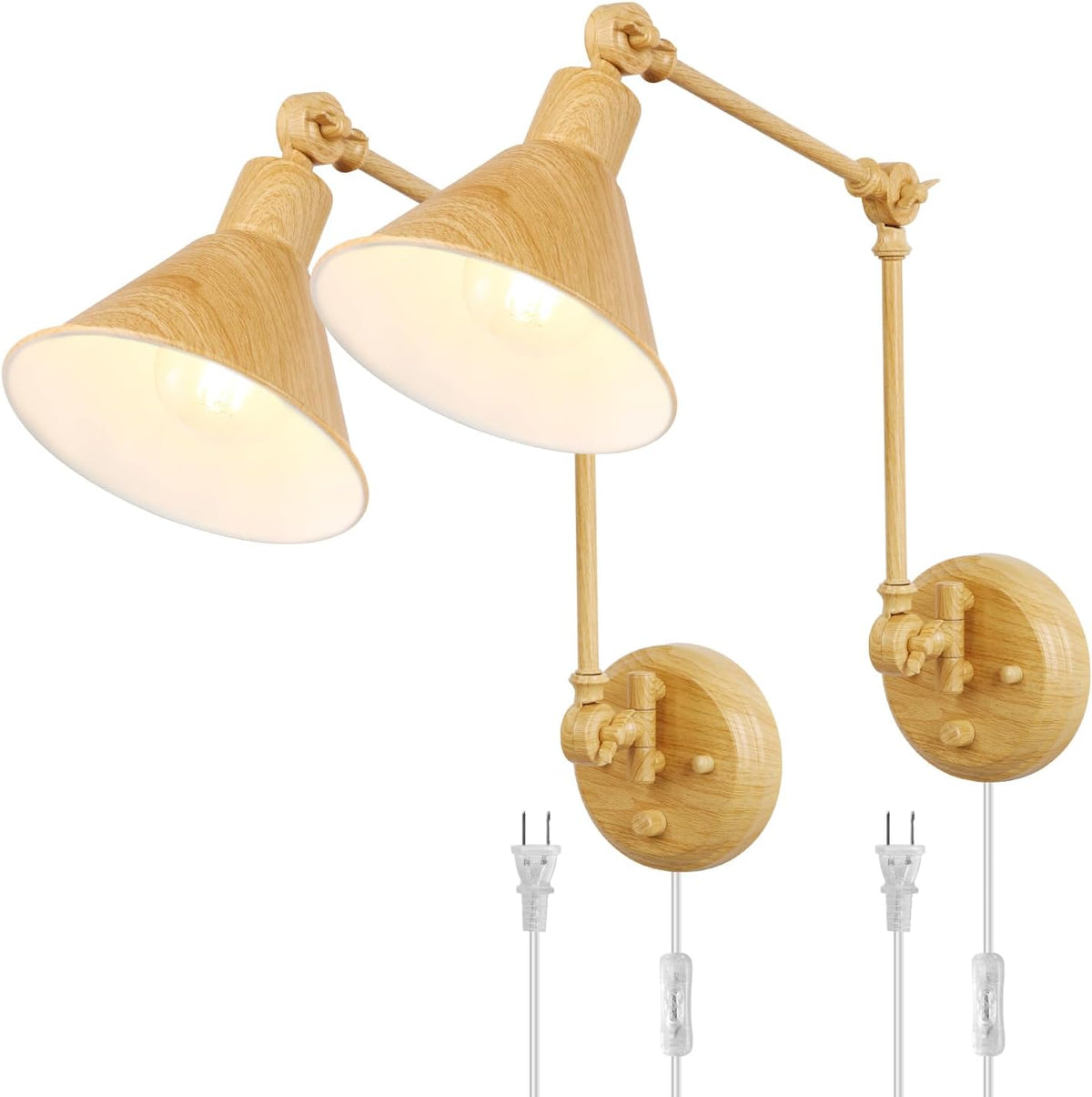 Front view of two light‑wood swing‑arm wall sconces with conical shades, exposed bulbs and clear cords ending in two‑prong