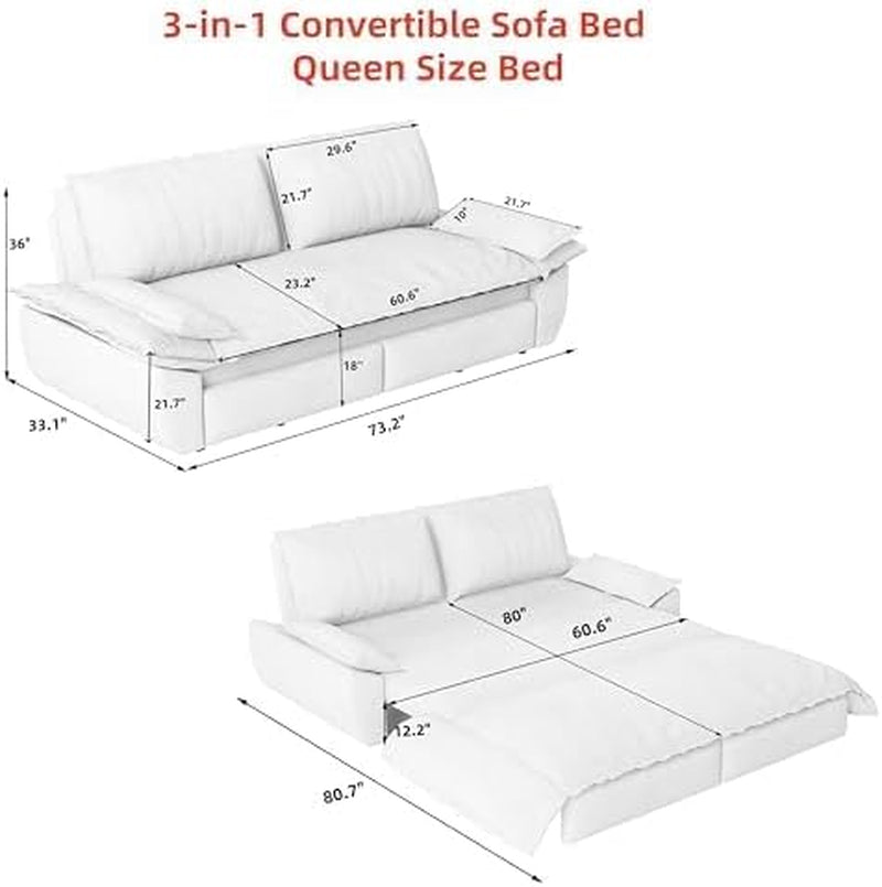 Graphic diagram with product dimensions showing 73.2 inch sofa and extended 80 x 60.6 inch bed