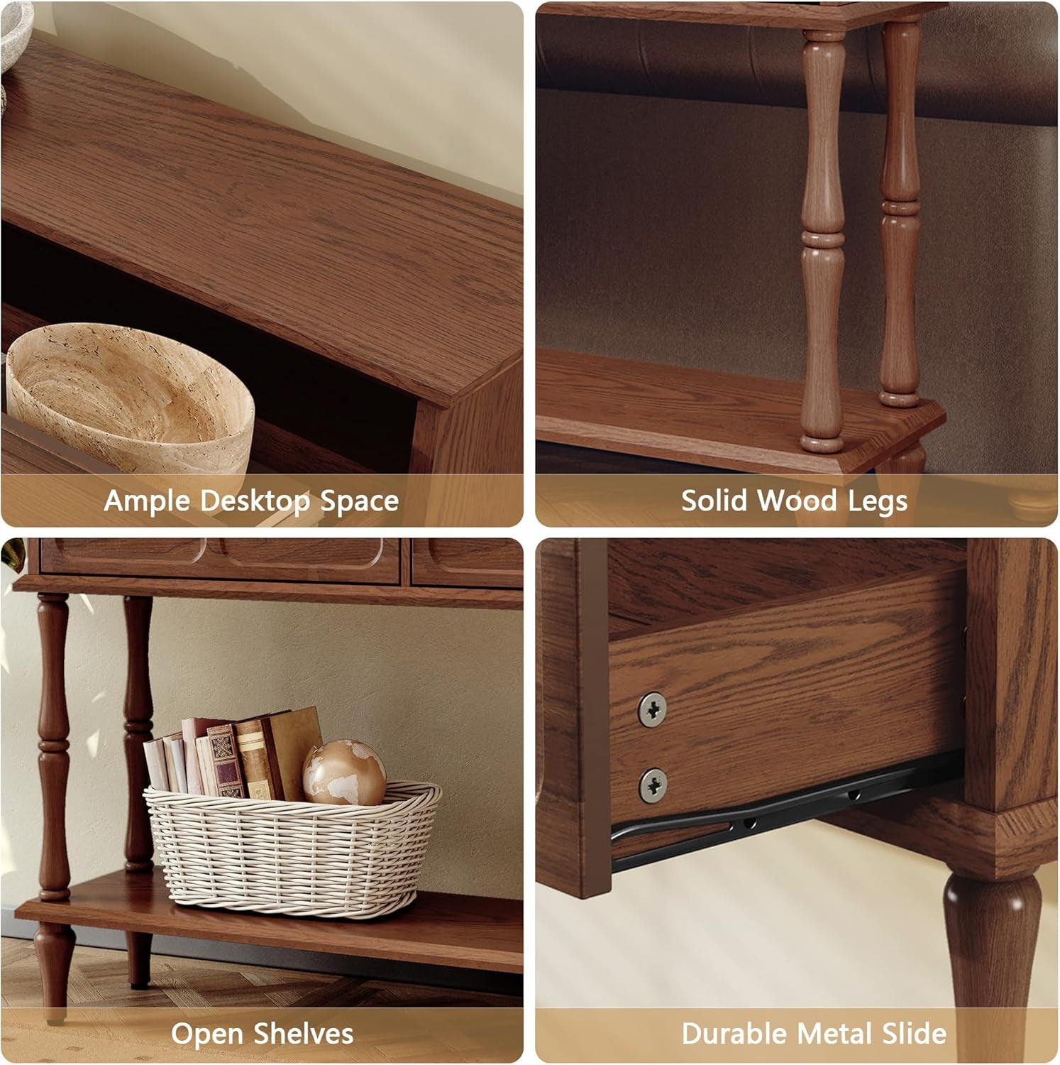 Collage close-ups showing desktop surface, turned solid-wood legs, open lower shelf and metal drawer slide