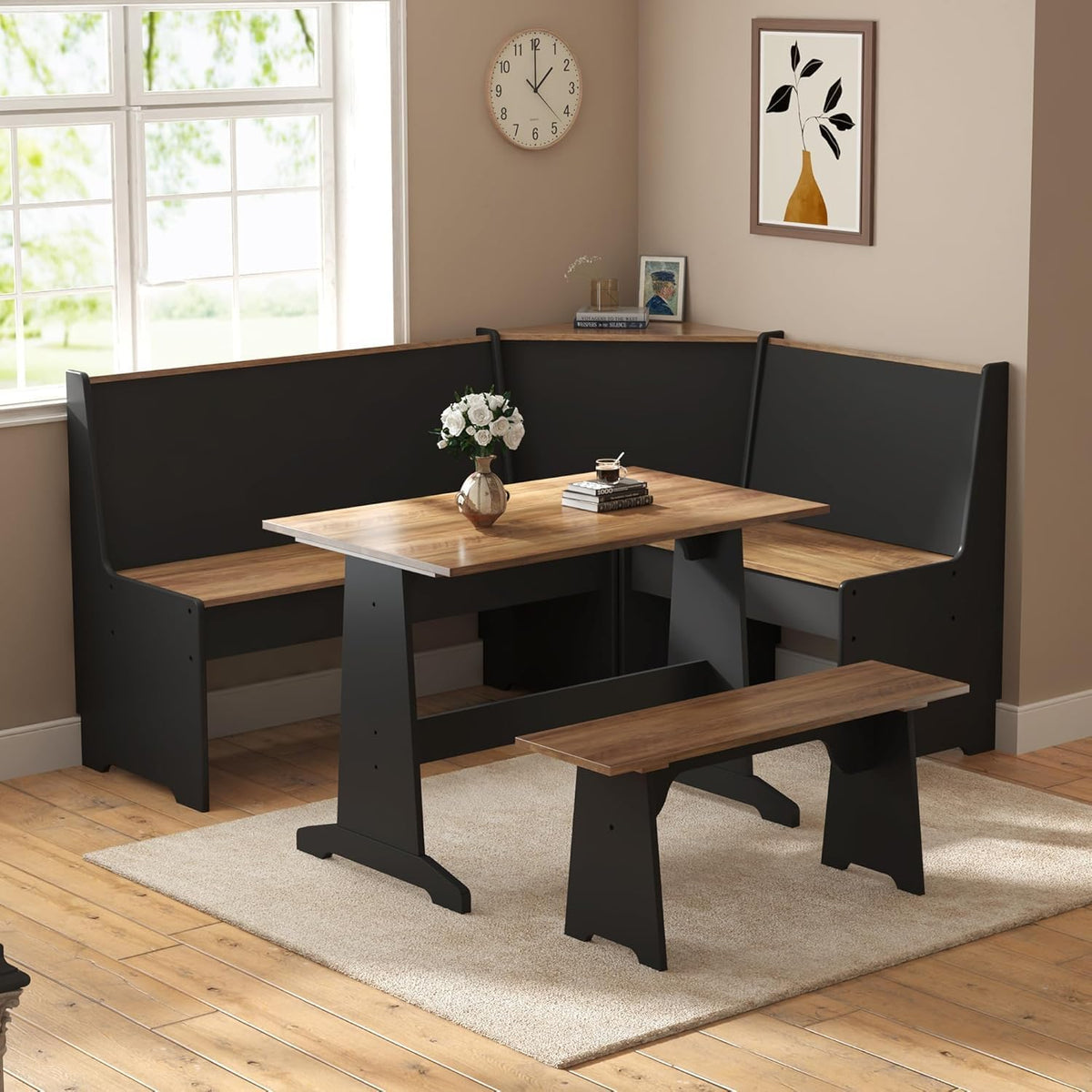 Black oak finish 3-piece corner dining set with L-shaped bench, table and freestanding bench angled front view