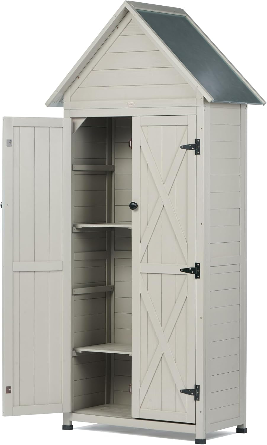 Gray vertical solid wood outdoor cabinet with pitched roof and open double doors showing interior shelves from the front