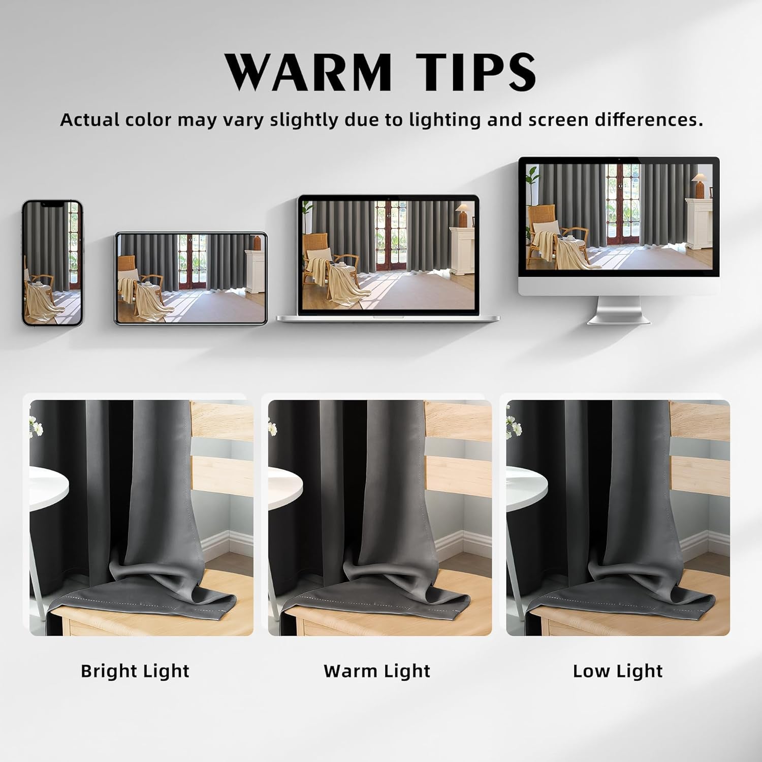Collage showing the same dark grey curtain in bright, warm and low light across screens and swatches.