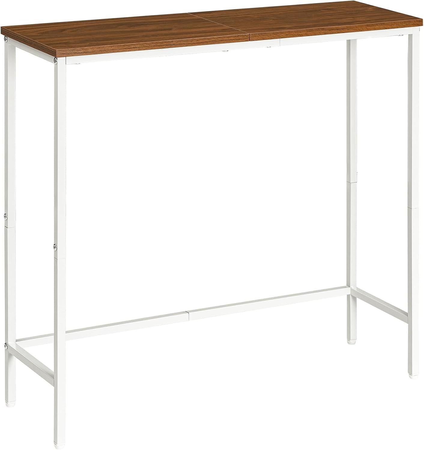 Studio shot of narrow console table with warm wood top and white metal frame on a white background.