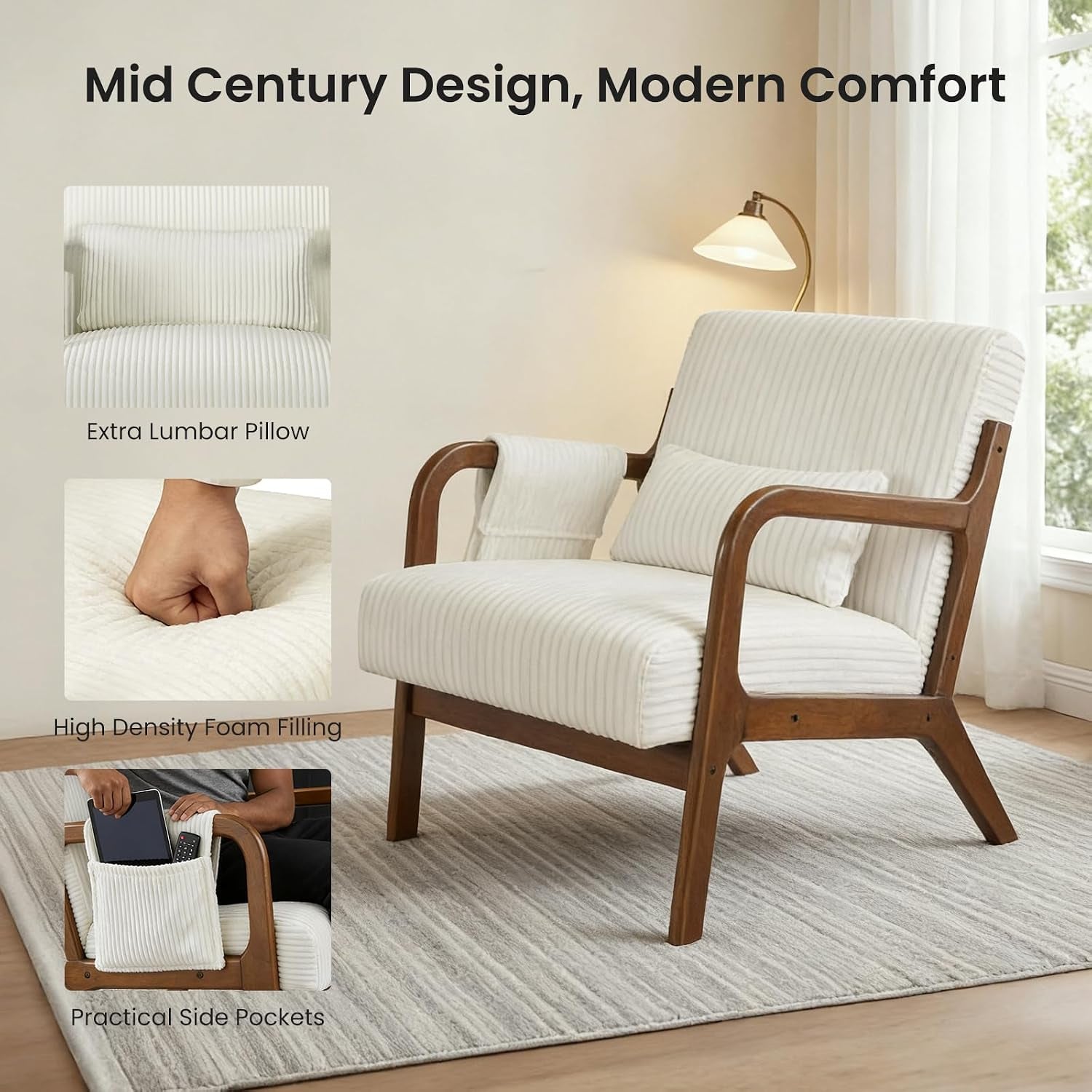 Single accent chair on a rug highlighting extra lumbar pillow, high-density foam filling and side pocket