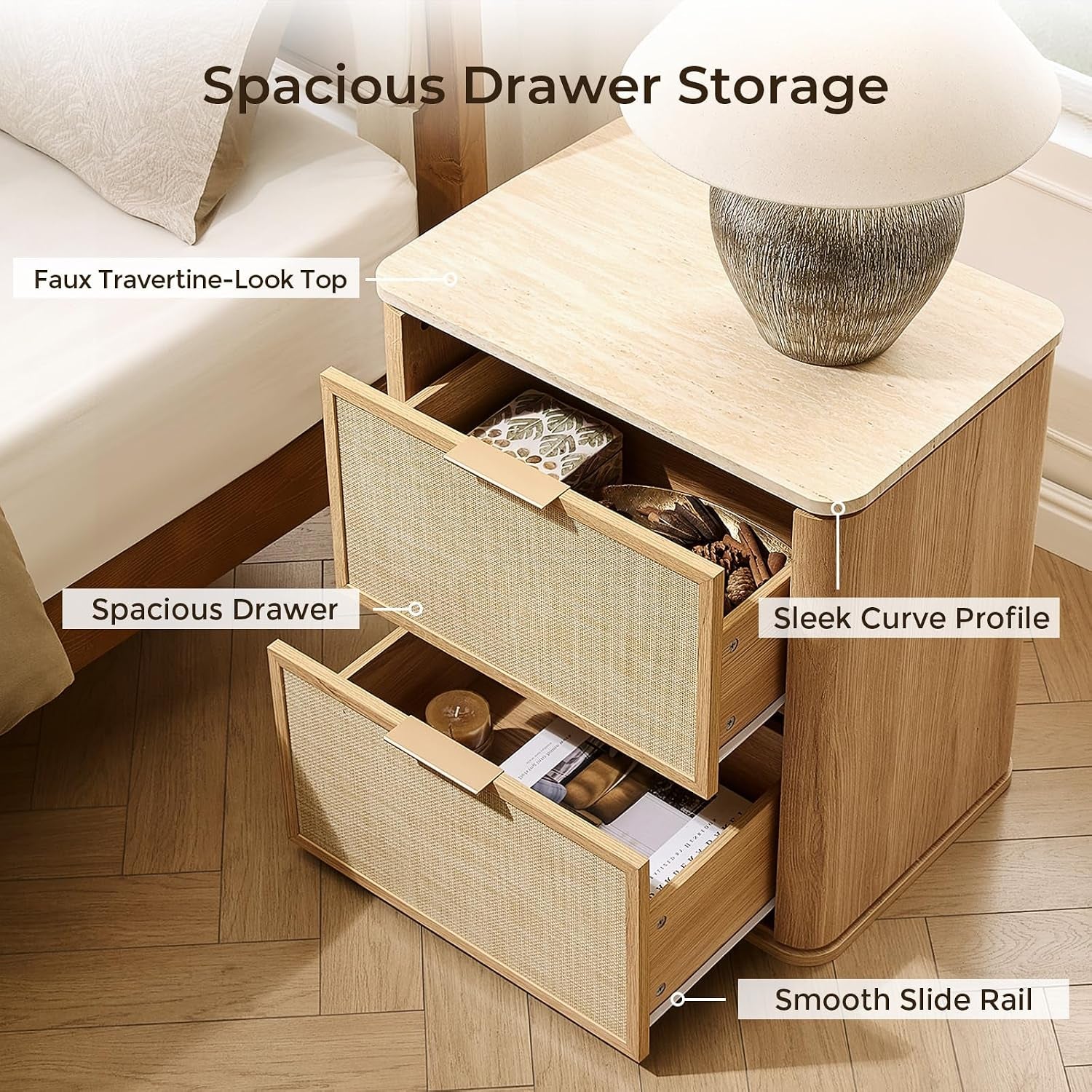 Nightstand with two drawers open showing spacious interiors, faux travertine-look top and rounded curve profile