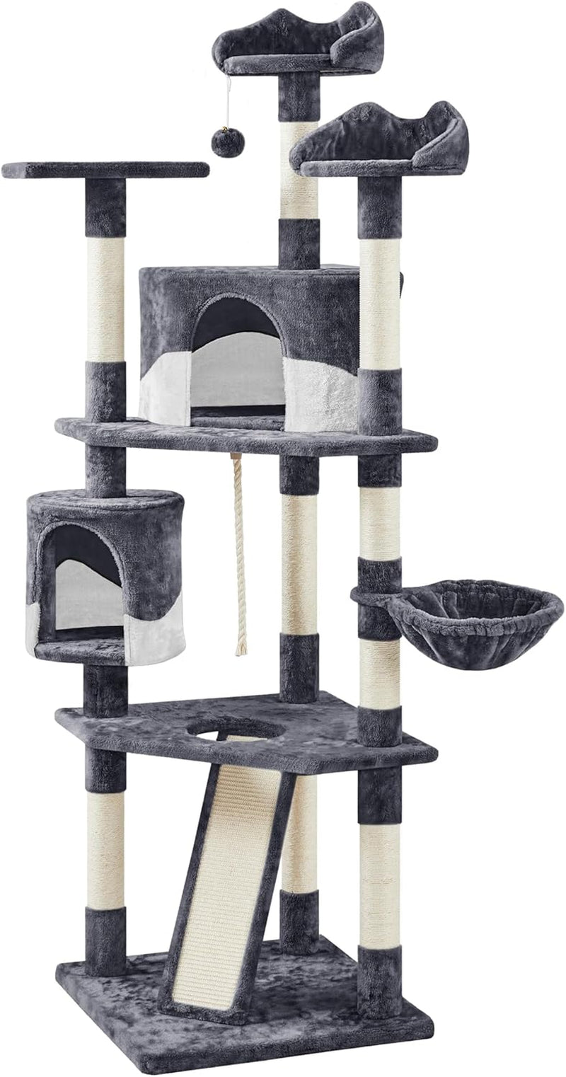 Dark gray cat tree with two condos, three top perches and sisal-wrapped posts, front view
