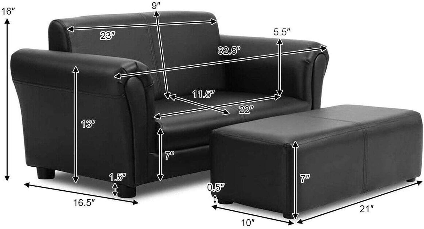 Three-quarter view of the loveseat and ottoman with overlaid arrows and measurement callouts.