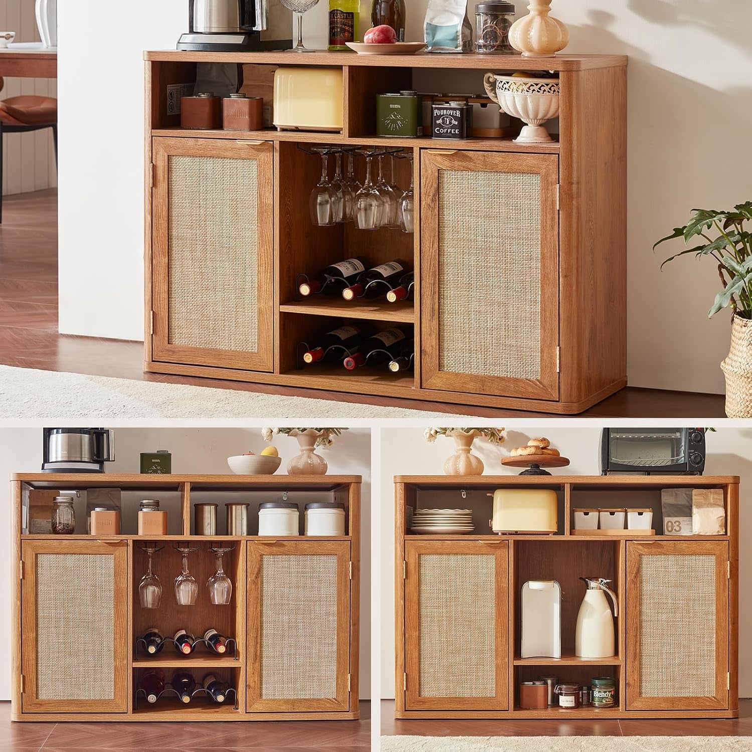 Three-view collage showing closed rattan doors, central wine rack and alternative shelf arrangements
