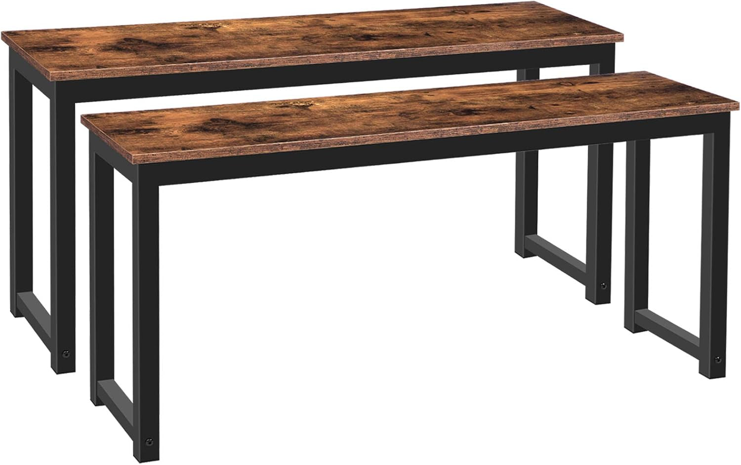Pair of rustic brown wood-look benches with black rectangular metal legs, angled front view on white background