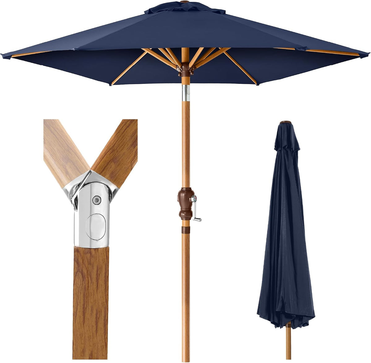 Open navy canopy with wood pole, crank handle and folded umbrella shown at right.