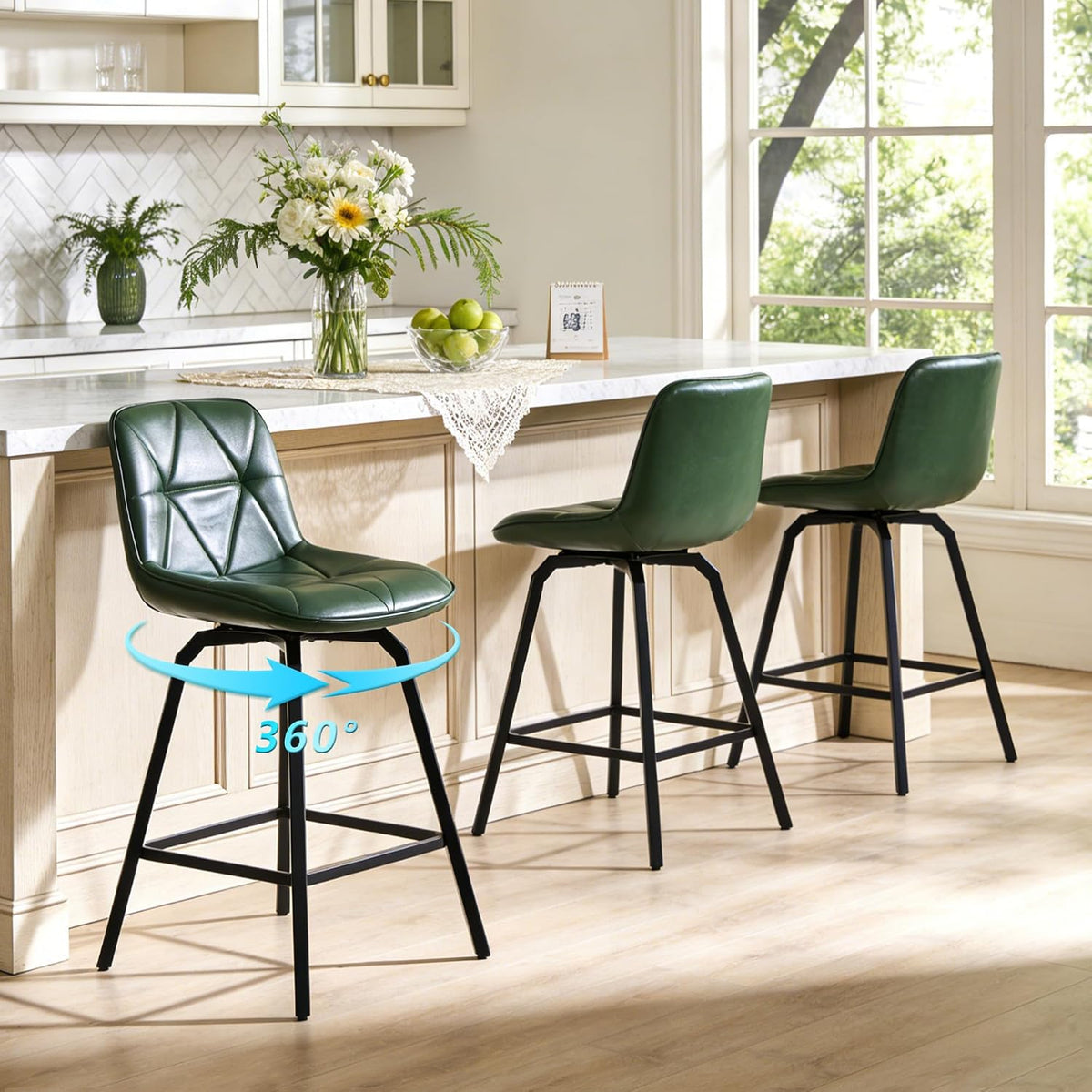 Green faux-leather swivel stool at a kitchen island shown with a 360° rotation arrow.
