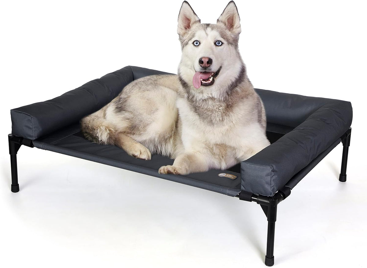 Elevated charcoal dog cot with removable bolsters and a husky lying on it, angled view.