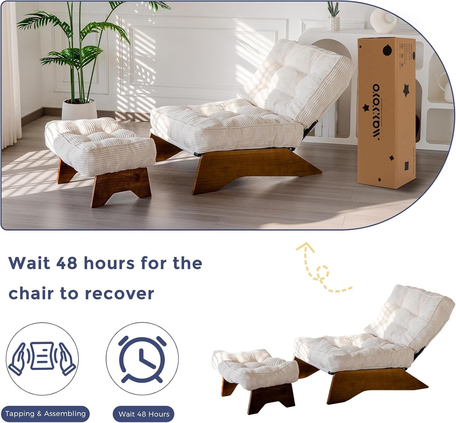 Beige chair and ottoman staged in a room with packaging box nearby and inset product image