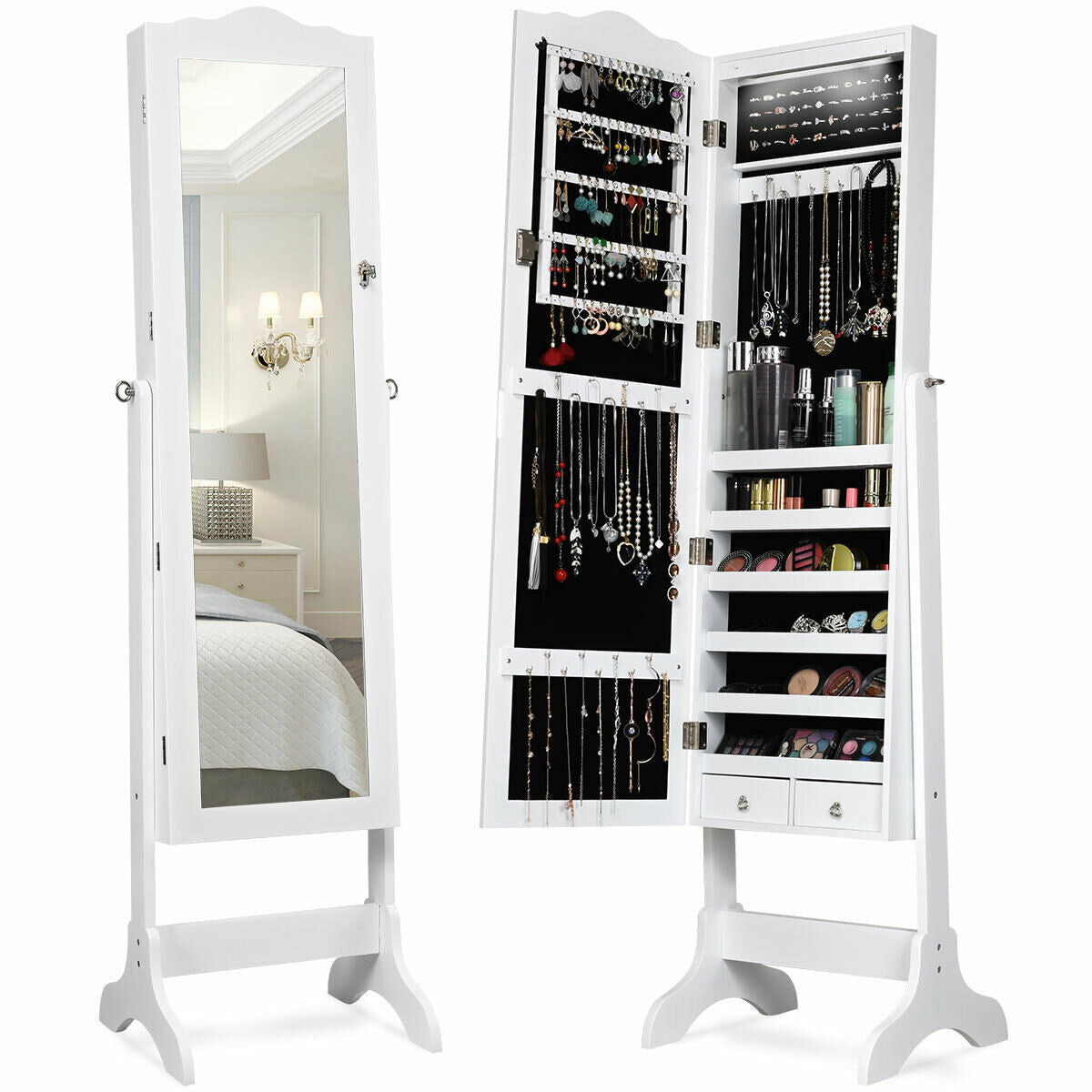 White mirror armoire shown closed beside an open view of its jewelry hooks, shelves, and compartments.