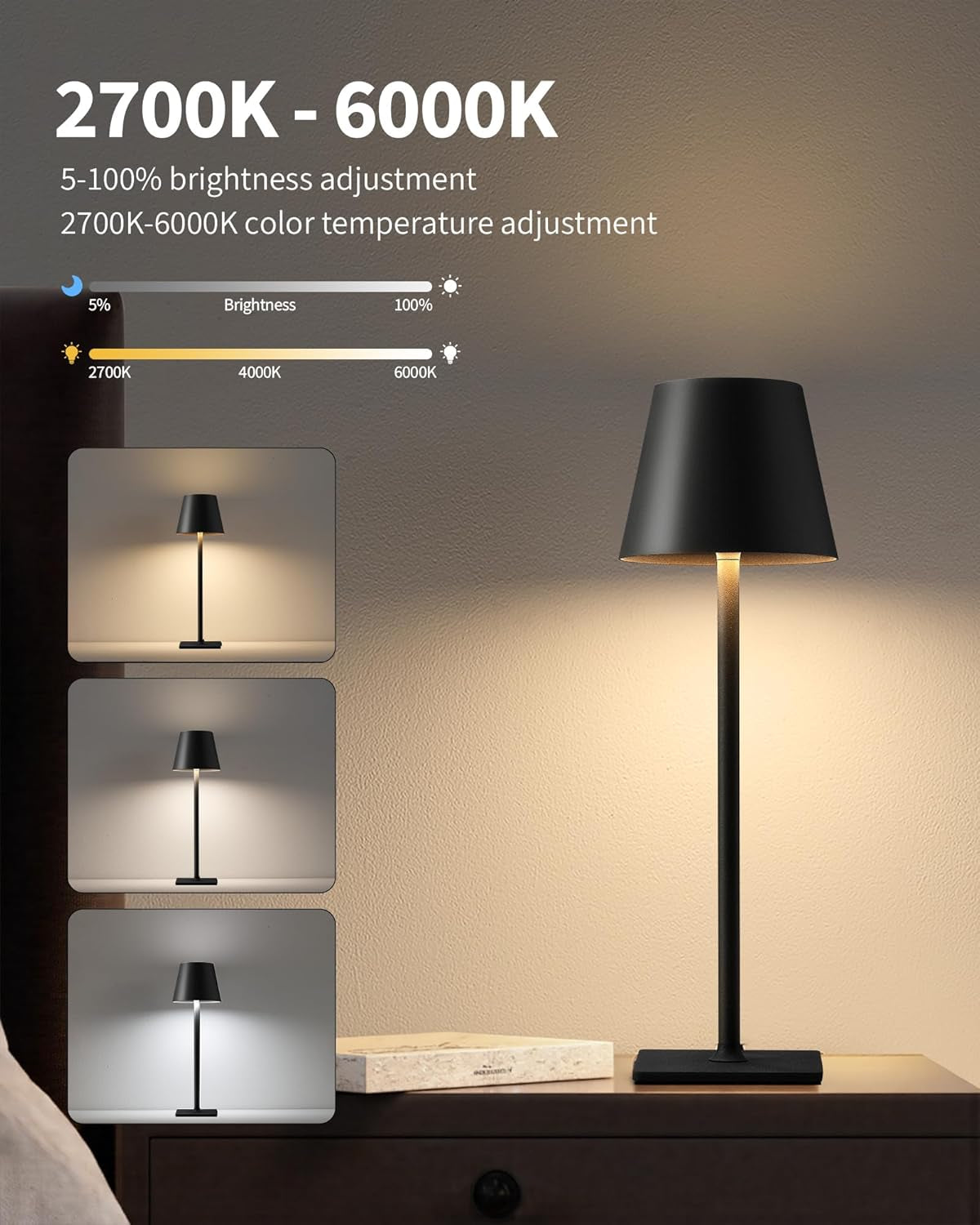 Black table lamp on a nightstand casting warm light; three small thumbnails at left show cooler to warmer color temperatures.