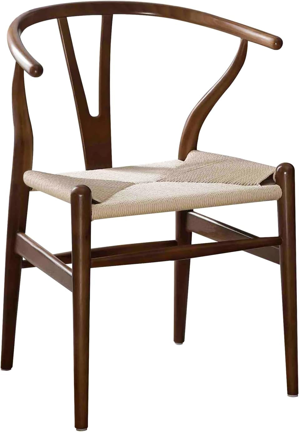 Single wishbone chair with warm brown wooden frame and a natural woven seat, front view.