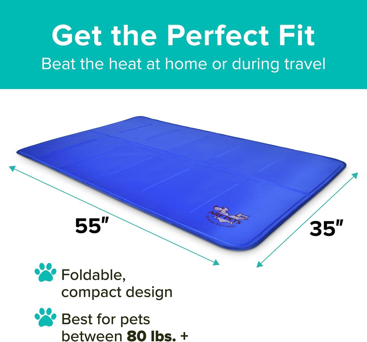 Blue cooling mat photographed flat on a white background with teal arrows showing its length and width.