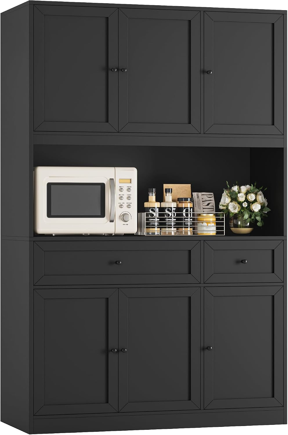Same tall hutch shown in matte black with microwave shelf, drawers and lower cabinet doors.