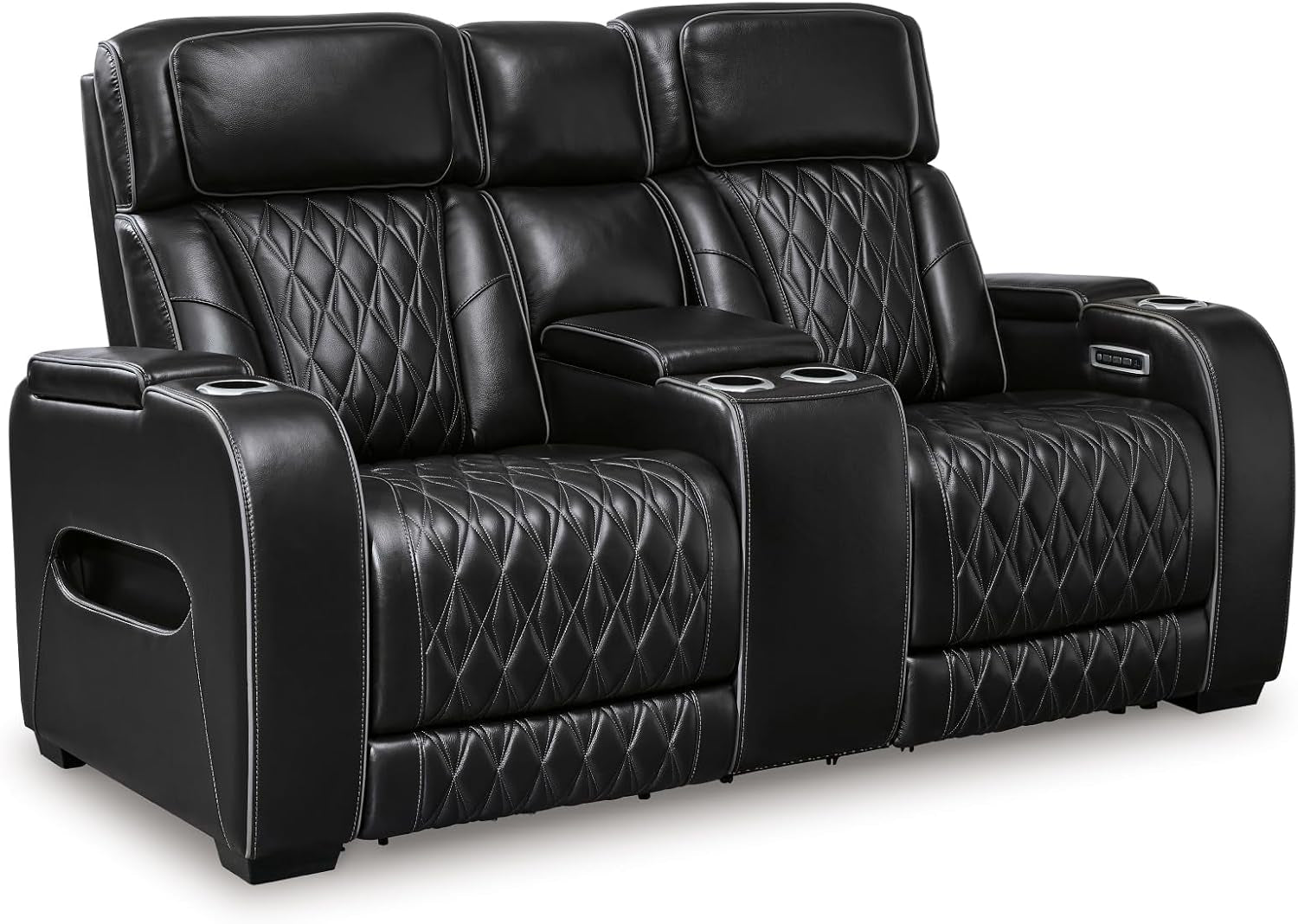 Front view of a black power-reclining loveseat with center console and quilted seat panels.