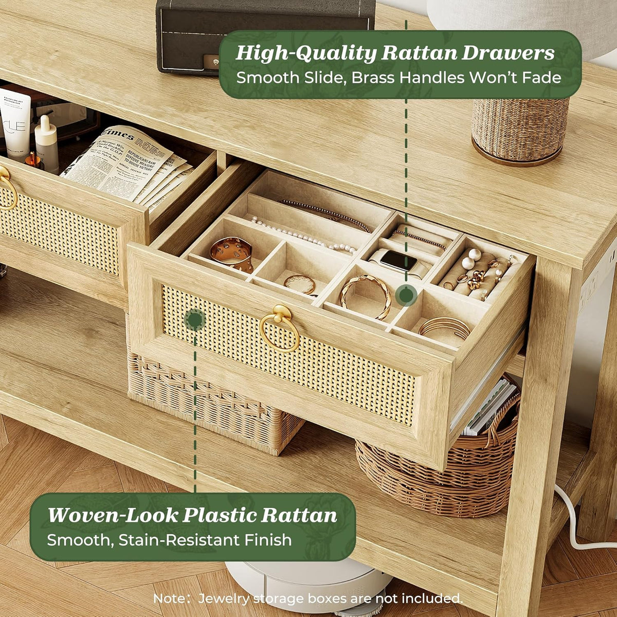 Open drawer close-up showing woven-look rattan front, brass ring pull and internal organizer compartments