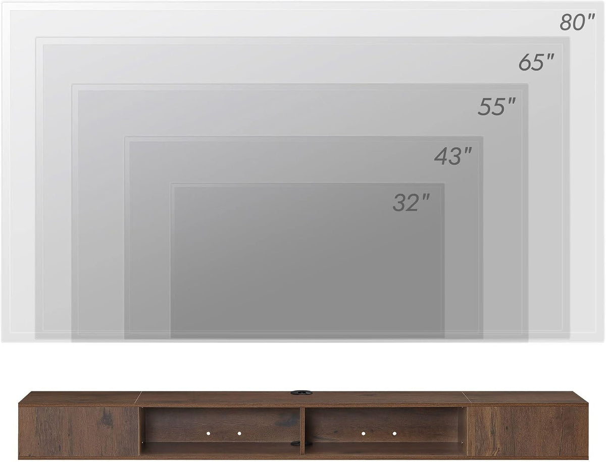 Front view diagram with translucent TV-size outlines shown above the brown shelf to illustrate compatible screen sizes.