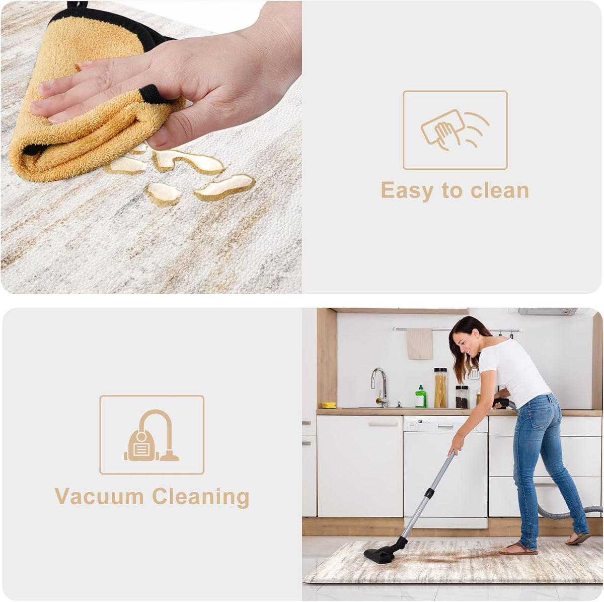 Collage showing hand wiping liquid from the rug and a person vacuuming a matching kitchen mat